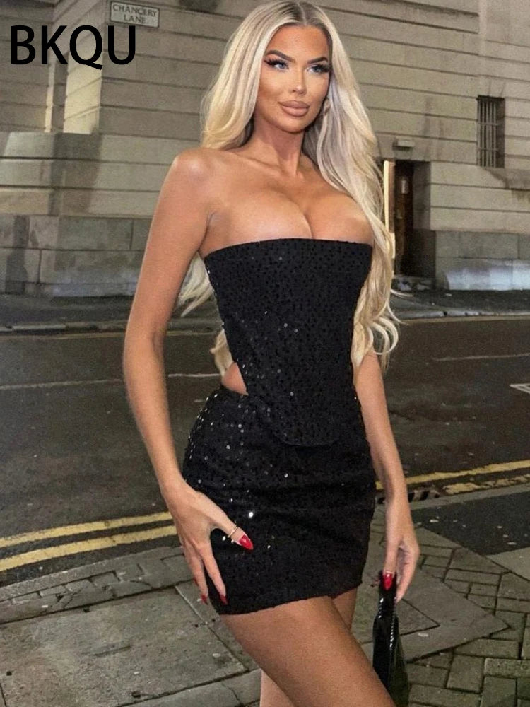 BKQU Denim Long Pant Set Women Sequins Outfits 2024 Elegant Wide Leg Jeans and Sleeveless Zipper Corset Vest Party Club Clothes