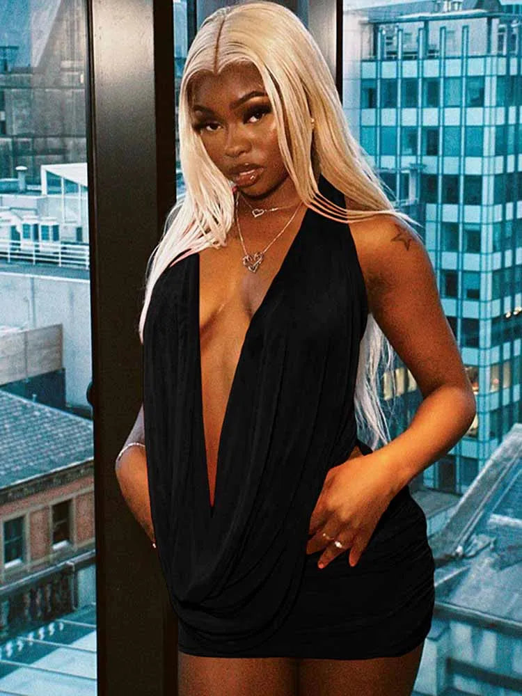 BKQU Mesh Sexy Ruched Women 2 Piece Set Deep V-Neck Halter Swinging Backless Top See Through Mini Skirt Y2k Midnight Club Outfit