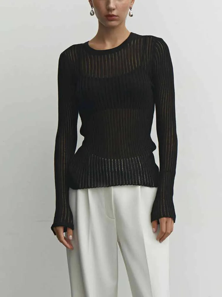 BKQU Casual See Through Knit T-Shirt Women Elegant Striped O-Neck Long Sleeve Tees Elastic Slim Female Basic Pullover Tops 2025