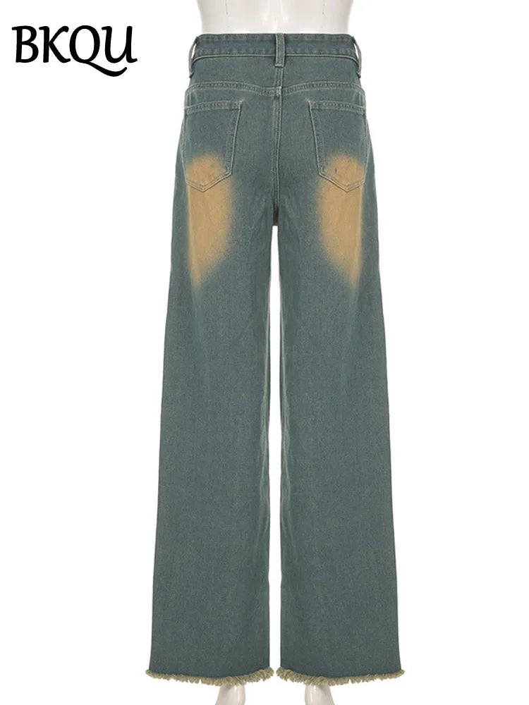 BKQU Vintage Blue Denim Straight Pants Women Patchwork High Waist Fashion Loose Wide Leg Jeans Hip Hop Y2k Party Cargo Trousers