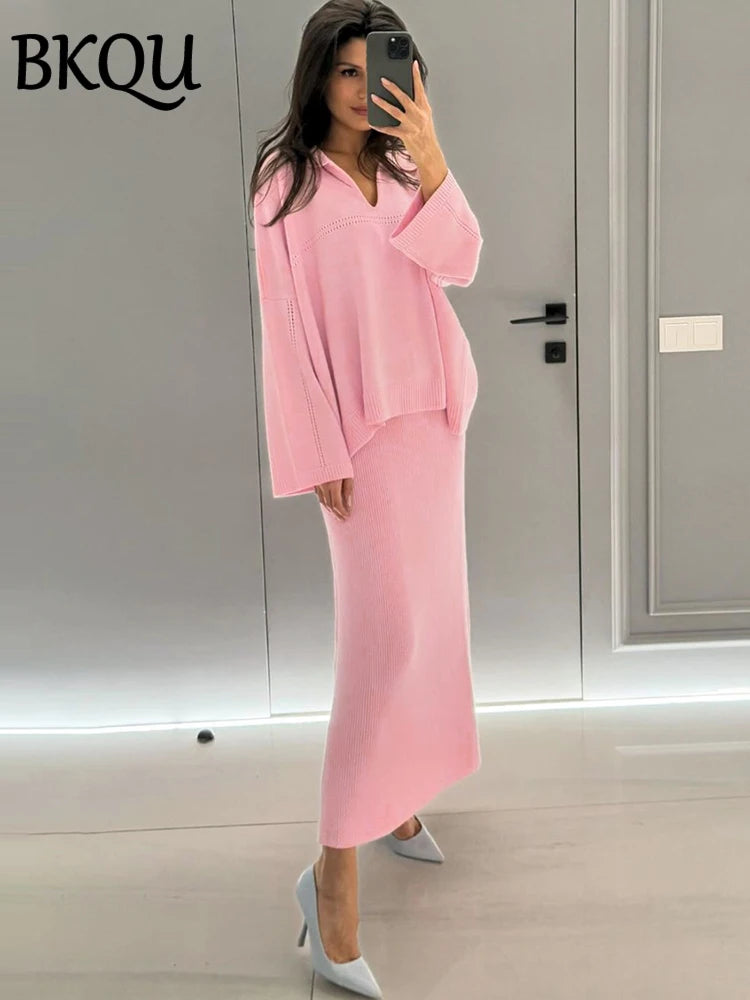 BKQU Knitted Sweater Skirt Two Pieces Set Women Autumn Winter V-neck Loose Pullover Sexy Long Skirts Suits Elegant Party Outfits