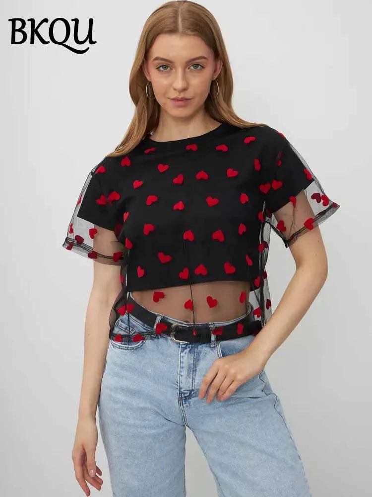 BKQU Crop Tops Women Heart Mesh Patchwork Fake Two Piece T-Shirt 2025 Summer Casual Y2k O-Neck Short Sleeve Tees Chic Streetwear