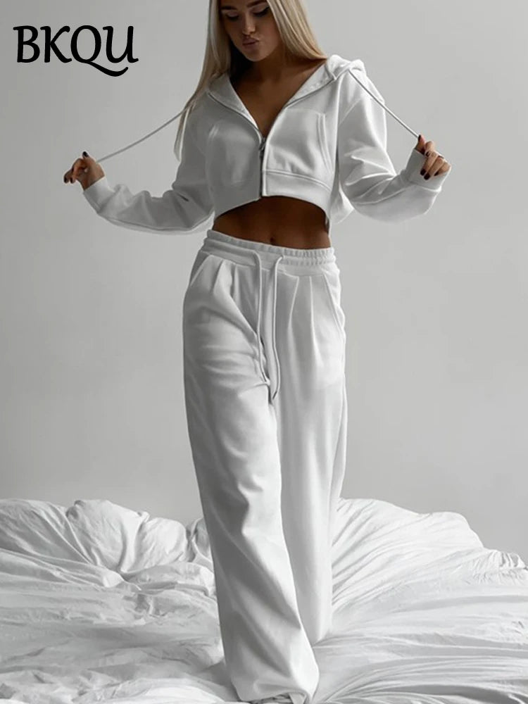 BKQU Fashion Two Piece Women Hoodie Pants Set Casual Long Sleeve Zip Up Jacket Sweatshirt Suit Baggy Sweatpants Woman Tracksuit