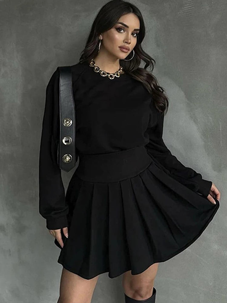 BKQU Pleated Skirt 2 Piece Set Women Casual Tracksuit Long Sleeves Sweatshirt and High Waist Mini Skirts Matching Outfits Autumn