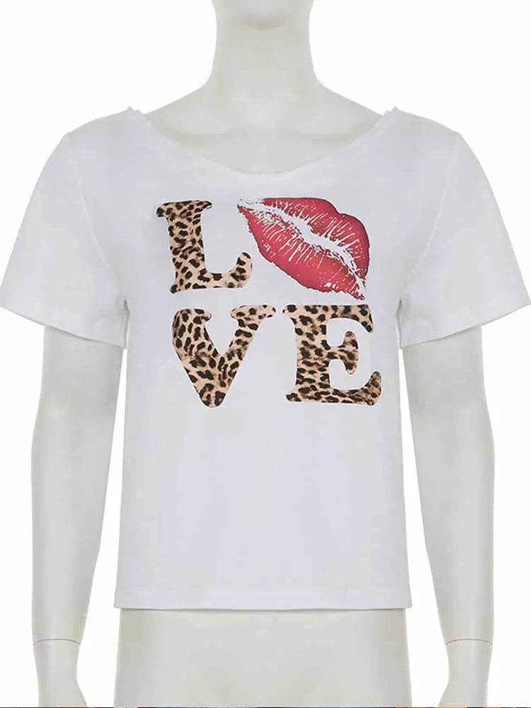 BKQU Aesthetic Y2k Crop Tops Women Leopard Letter Print Summer V Neck Short Sleeve T-Shirt 2000s E-Girl Streetwear Slim Baby Tee