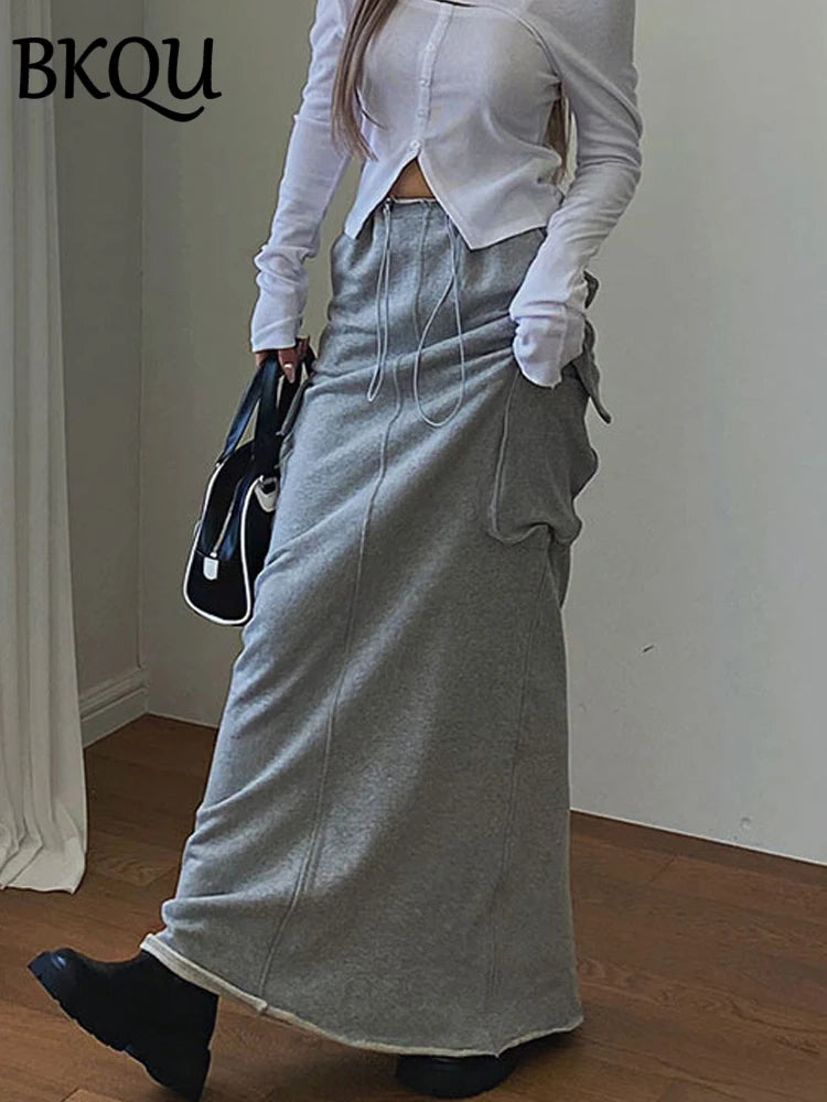 BKQU Pockets Adjustable Drawstring Split Long Skirt Women Fashion High Waist Straight Cargo Skirts 2024 Street Casual Maxi Skirt