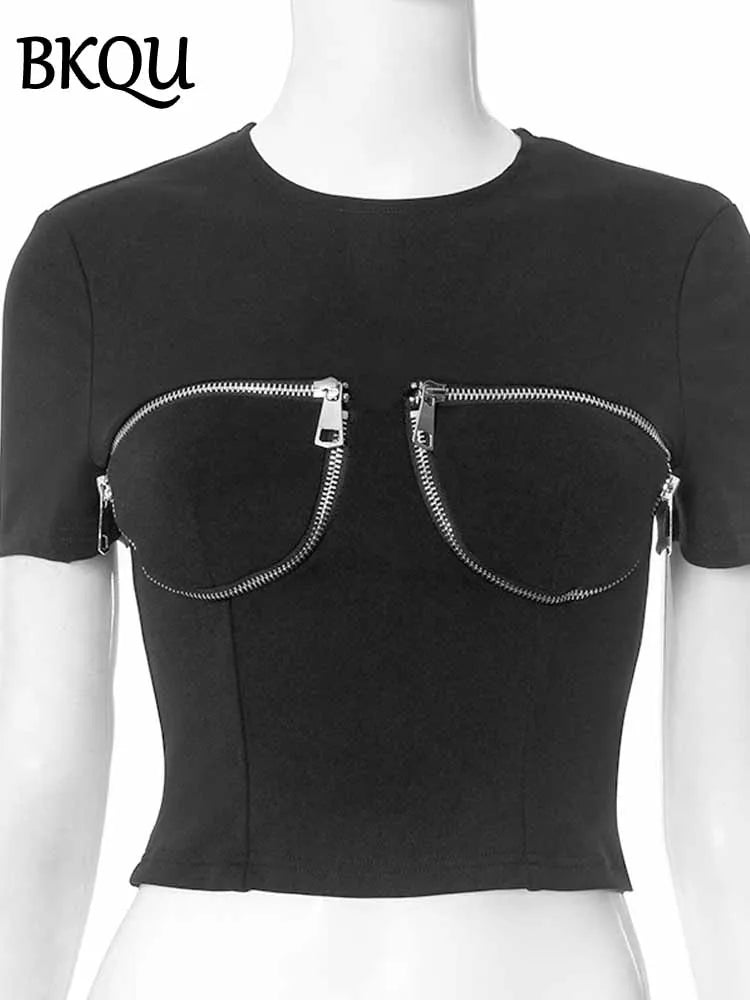 BKQU Chest Zip Decorate Y2K T-Shirt Women Chic O-Neck Short Sleeve Slim Crop Tops 2025 Summer Hipster All-Match Tees Streetwear