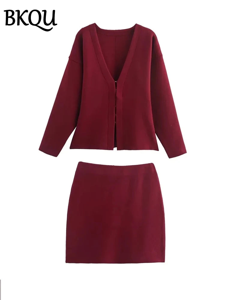 BKQU Elegant Knit V-neck Cardigan Mini Skirt Set Women Slim Long Sleeve Two Piece Set Female Sweater High Waist Skirts Outfits