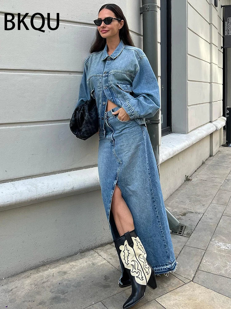 BKQU New Front Slit Denim Skirts Women 2023 Casual High Waist Office Lady Long Skirt Streetwear Blue Frayed Raw Hem Jean Skirt