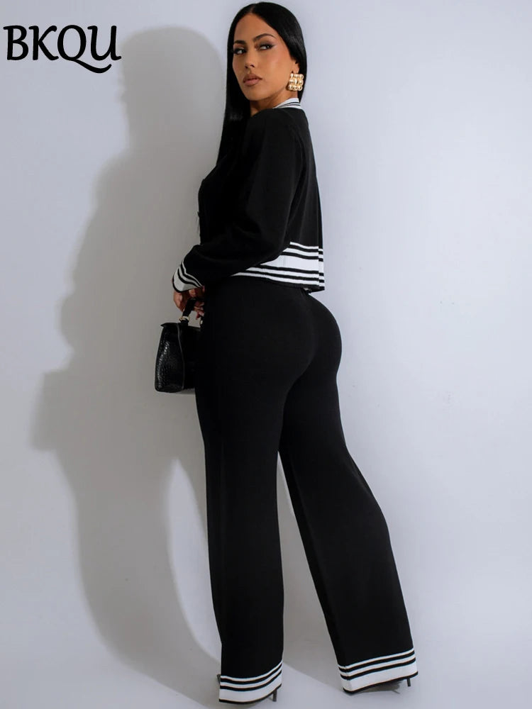 BKQU Knitted 3 Piece Set Elegant Women Long Sleeve Button Cardigan+Mini Vest and Wide Leg Pants Tracksuit Striped Knitted Suit