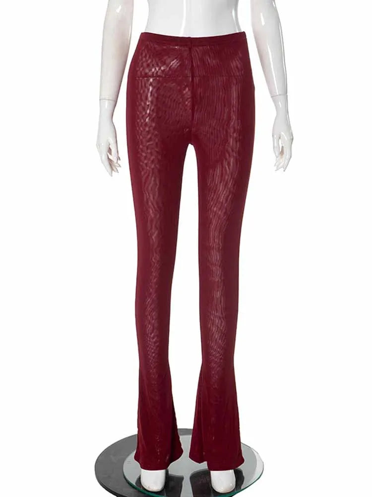 BKQU Mesh Sexy Midnight Flared Pants Women See Through High Waist Elastic Skinny Trousers Wine Red Female Club Party Bottom 2025