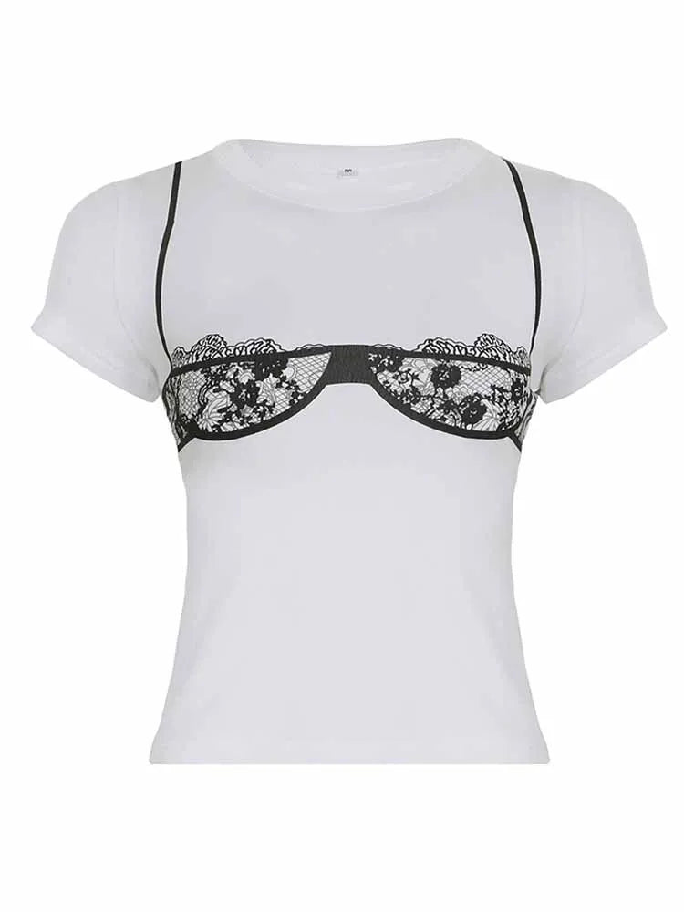 BKQU Lace Bikini Print Graphic T-Shirt Woman Casual Short Sleeve O-Neck Crop Tops Summer Y2k Spicy Girl Slim White Street Tees