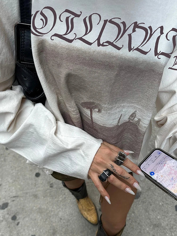 BKQU Oversized T-Shirt Women Letter Graphic Print Off Shoulder Long Sleeve Tees Autumn Casual Streetwear Y2k Grunge Pullover Top