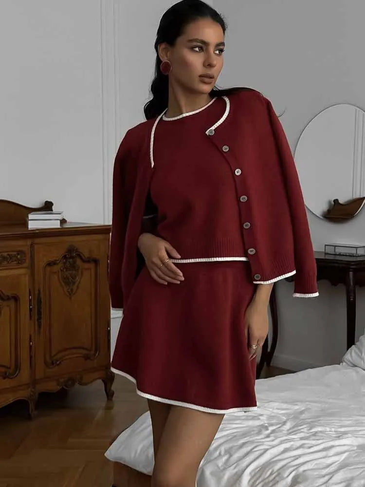 BKQU Elegant Knitted Set Women 3 Pieces Single Breasted Cardigan Short Sleeve T-shirt&Mini Skirt Suits Chic Lady Streetwear 2025