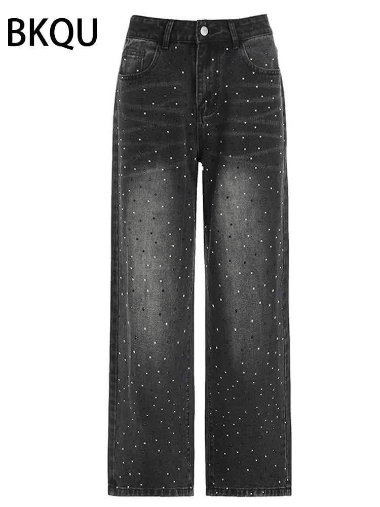 BKQU Straight Baggy Jeans Women High Waist Wide Leg Rhinestones Denim Long Pants 2023 Fashion Streetwear Diamonds Shinny Trouser