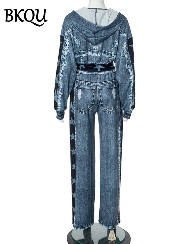 BKQU Printed Fake Denim Women Pants Suit Hooded Cardigan Zipper Jacket and Wide Leg Pants Two Piece Sets Fashion Retro Outfits