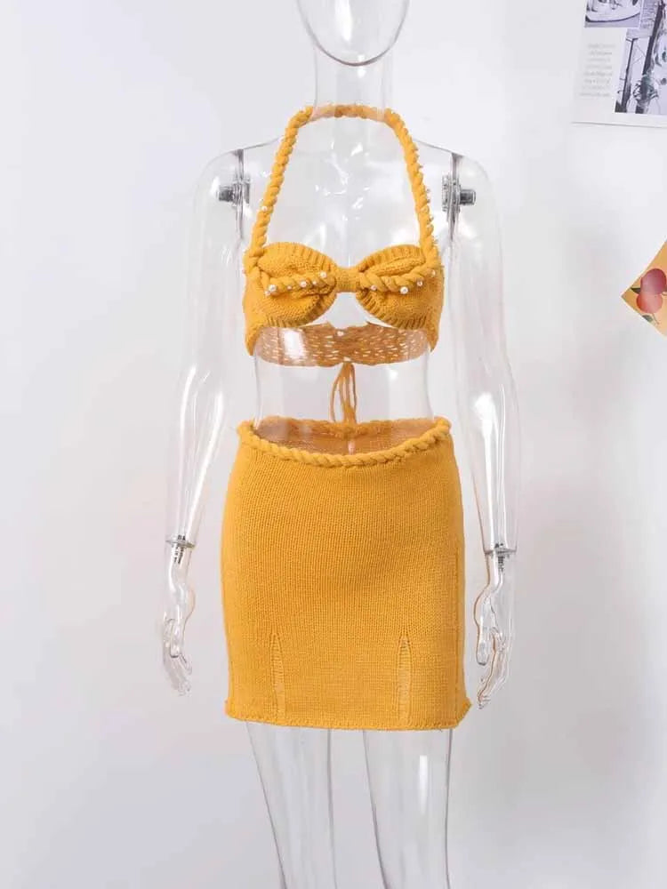 BKQU Twist Sexy Knitted Two Piece Set Women Fashion Pearls Decoration Halter Bikini Tops Mini Skirt Lady Beach Vacation Outfits