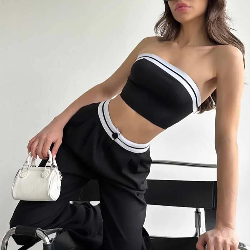 BKQU Strapless Vest Pants 2 Piece Set Women's 2025 Summer Contrast Sports Tube Bra + Wide Leg Trousers Casual Lady Street Outfit