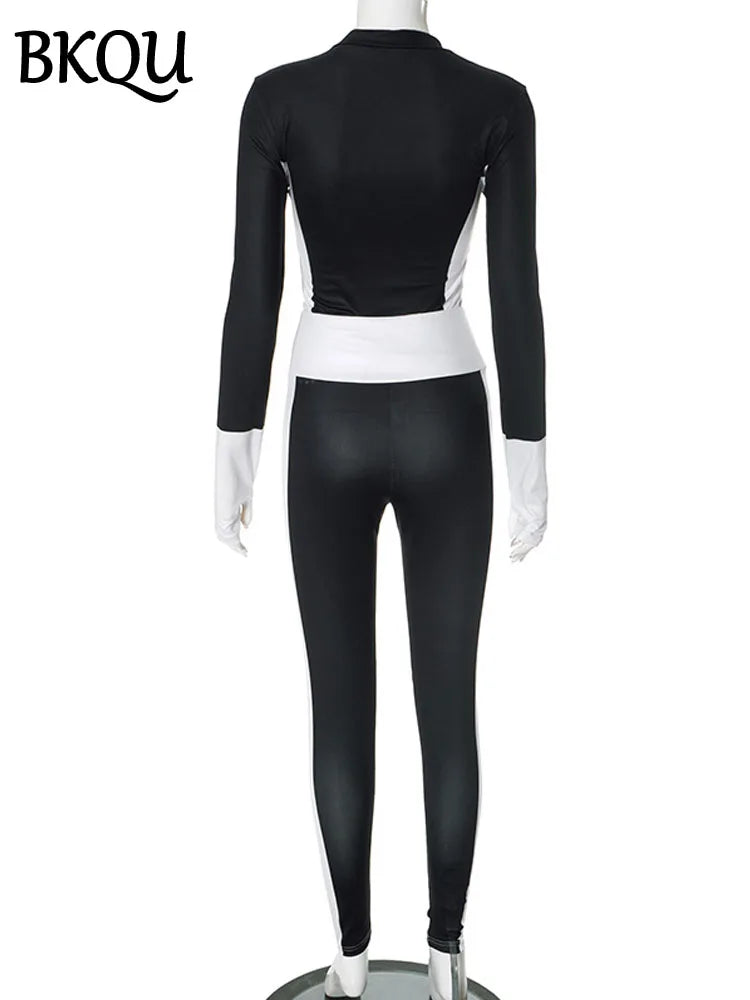 BKQU 2 Piece Tracksuit Casual Outfits Women Contrast Patchwork Long Sleeve Zip Crop Tops Legging Pants Sporty Matching Set 2025