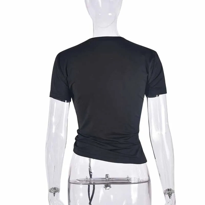 BKQU Rhinestone Fashion T-Shirt Women Y2k Tops Hollow Love Drawstring Casual O-Neck Short Sleeve Tee Tops Daily Streetwear 2025