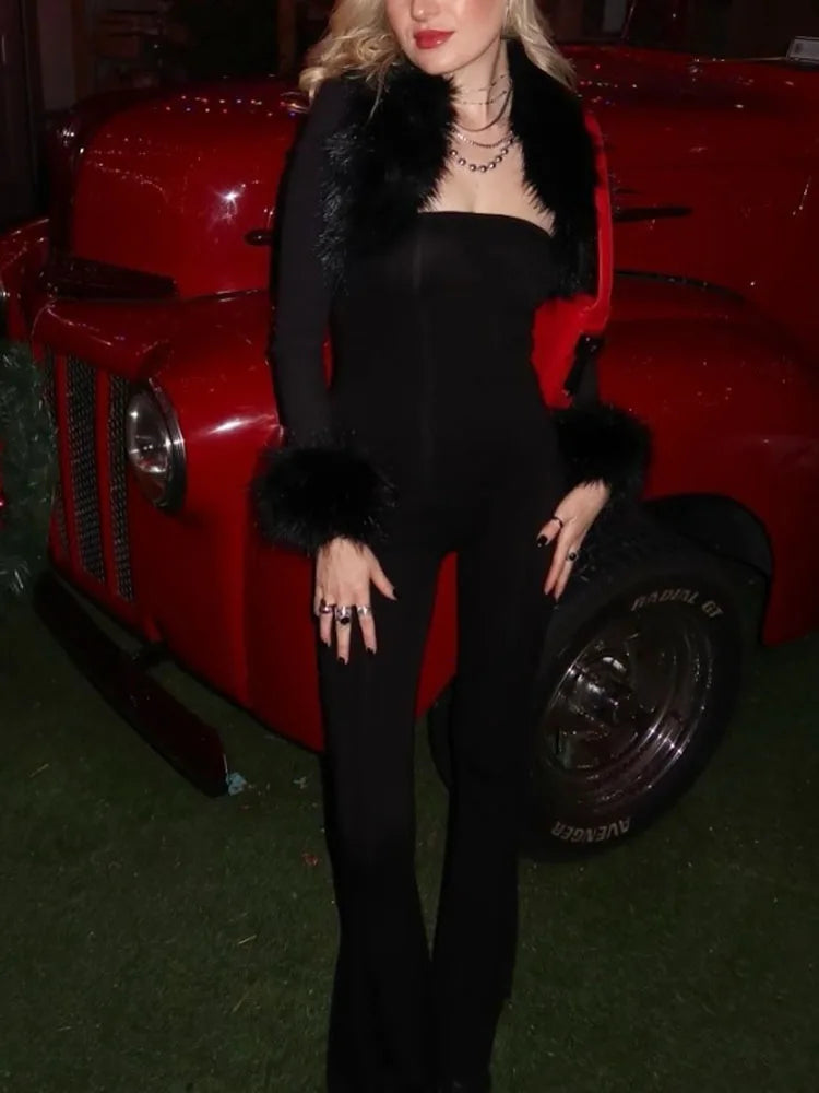 BKQU Fur Collar Crop Top with Strapless Jumpsuit Women's 2 Piece Sets Elegant Long Sleeve Short Coat Flared Pants Playsuit Suits
