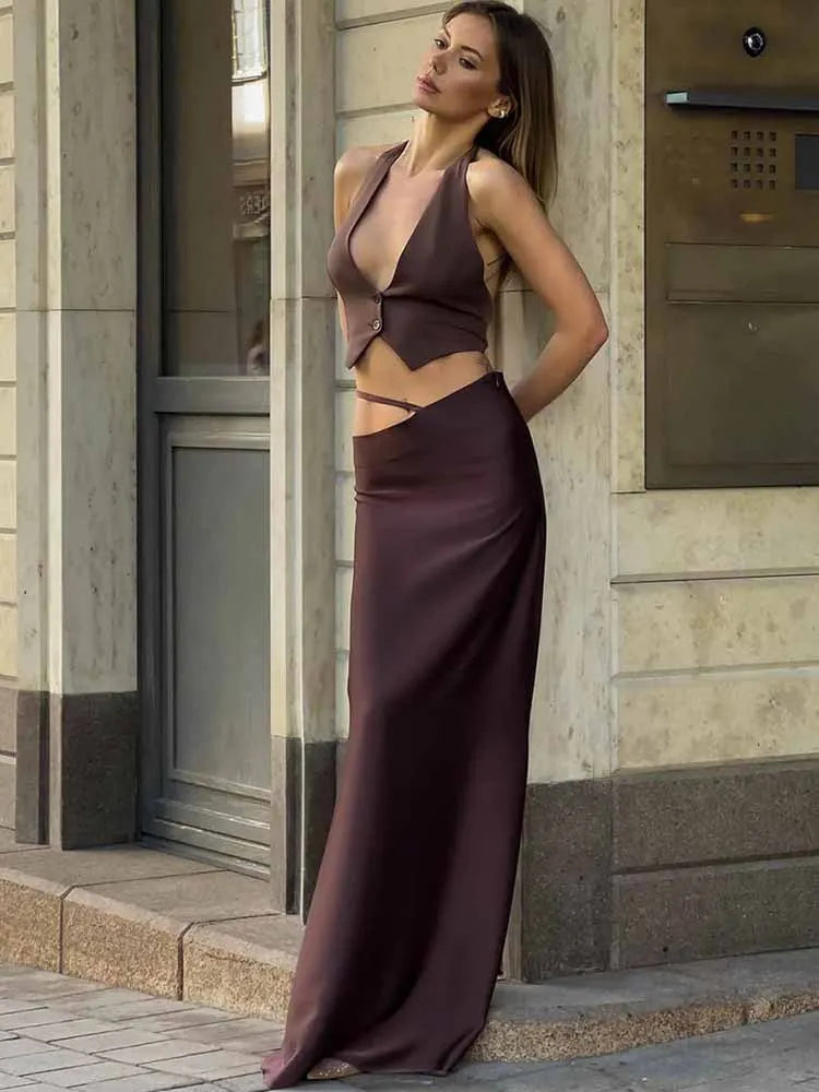 BKQU Elegant Party Dress 2 Piece Set Women V-Neck Sexy Halter Backless Waistcoat Top Hollow Out Satin Long Skirt Vacation Outfit
