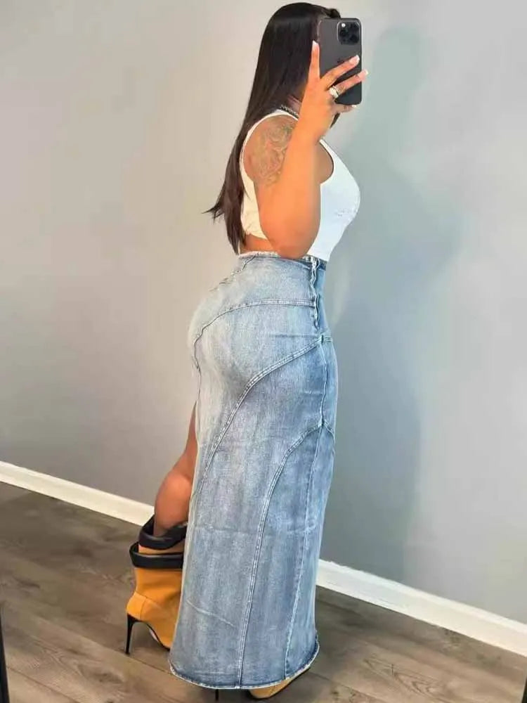 BKQU Irregular Sexy High Split Denim Skirt Women 2025 Summer Blue Fashion Bodycon Zipper Jean Long Skirt Vintage Hipster Bottoms