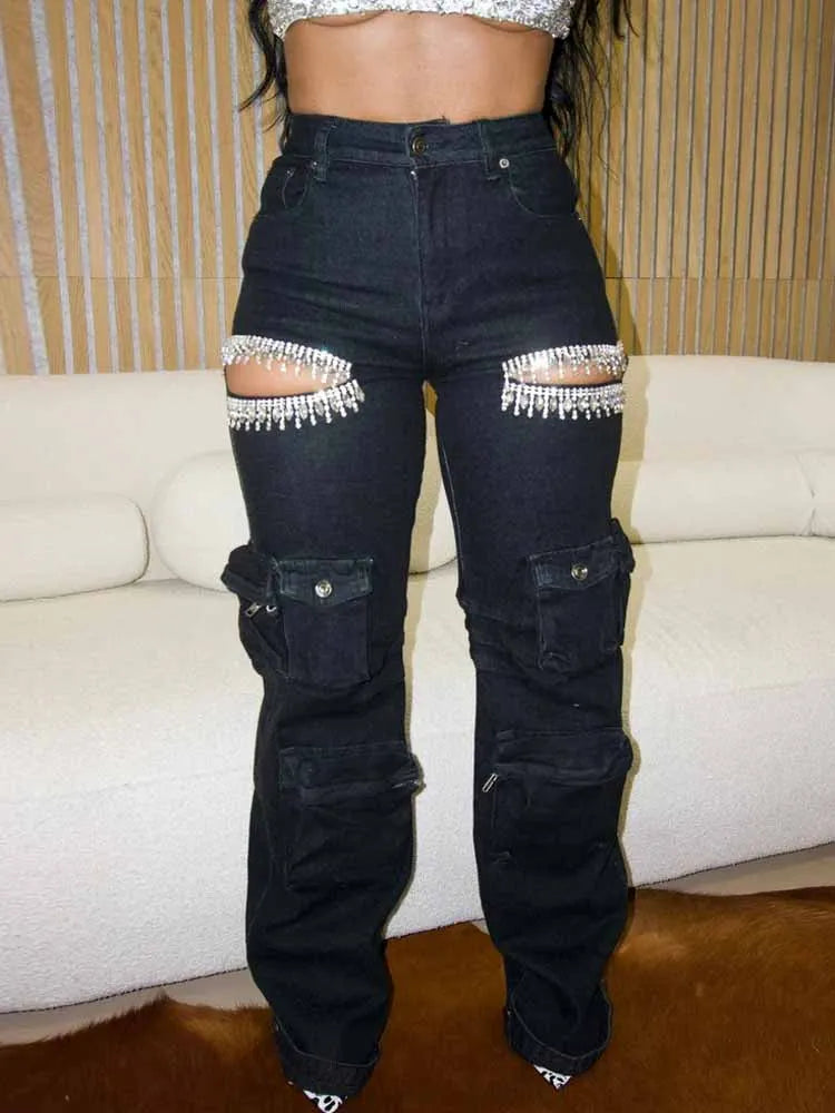 BKQU Unique Diamonds Hollow Out Straight Jeans Women Multi Pocket Cargo Pants Elegant Shiny Rhinestone Wide Leg Denim Trousers