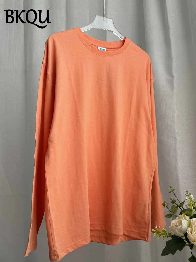BKQU Solid Color Long Sleeve T Shirt Women Oversized Basic O-neck Cotton Tops Female Casual Soft Loose Pullover Tshirt 13 Colors