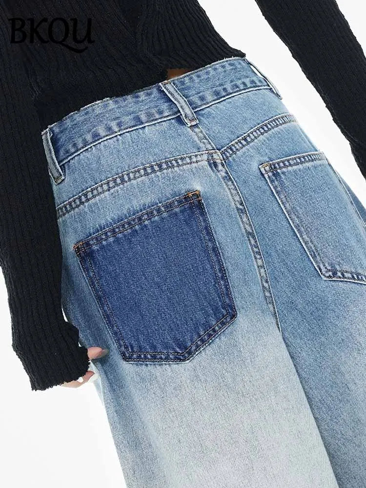 BKQU Rhinestone Jeans for Women Fashion Loose Wide Leg Denim Pants High Wait Washed Blue Diamond Straight Jeans Chic Streetwear
