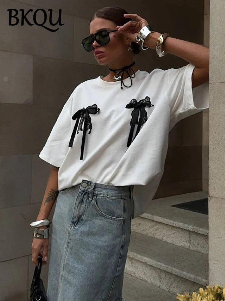 BKQU Summer Printed Short Sleeve T-shirt Women y2k Bow Sweet Basic Loose Crewneck Tees Tops Lady Fashion Clothing 2024