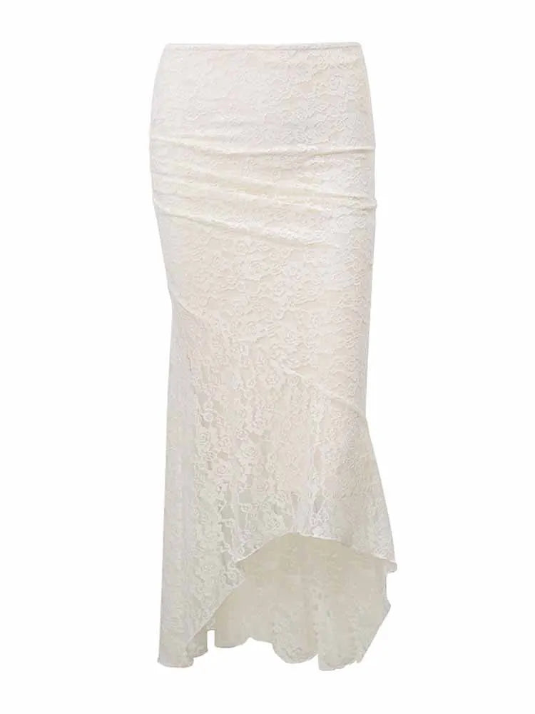 BKQU Elegant Ladies Two Piece Set White Lace Corset Tube Vest High Waist Satin Maxi Skirt Suits 2025 Luxury Party Womens Outfits