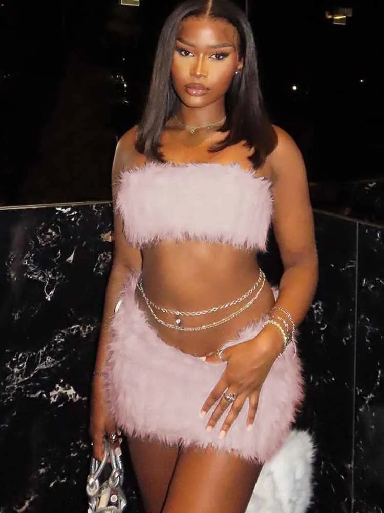 BKQU Furry Sexy Two Piece Set Women Strapless Vest Crop Top Bodycon Mini Skirts Elegant Outfits 2025 Party Clubwear Suits Y2K