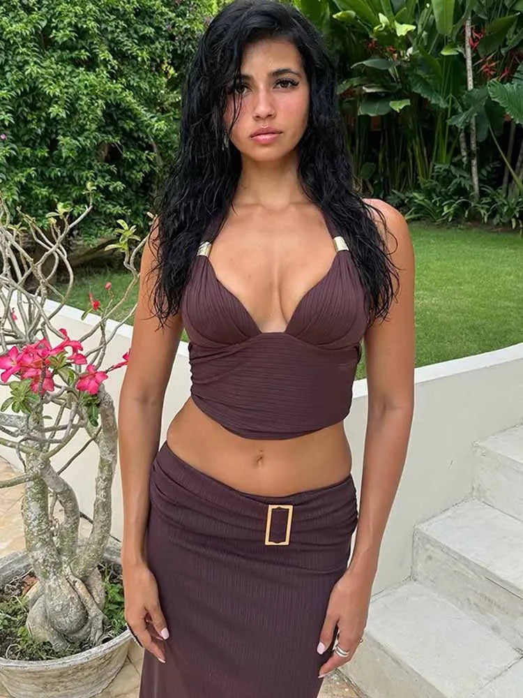 BKQU Summer Bikini Skirts Two Piece Sets Women Metal Sexy Halter Lace Up Backless Tops Irregular Mini Skirts Party Beach Outfits