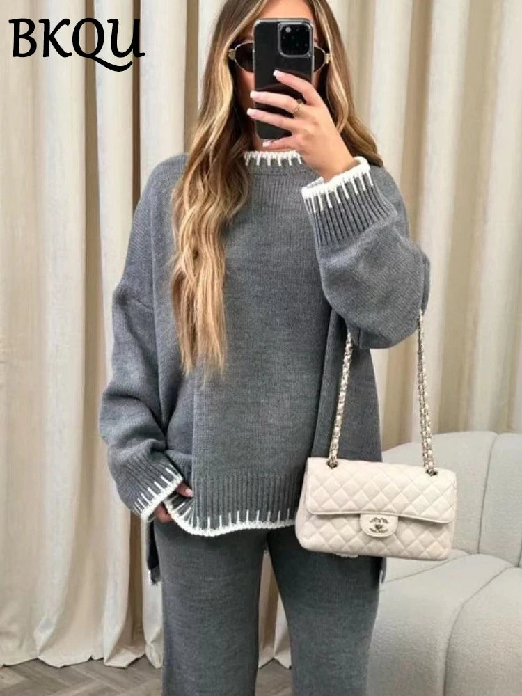 BKQU Knitted Pants Set Women Striped Two Piece Sets Clothes Side Split Sweater and Wide Leg Straight Pants Suit Casual Homewear