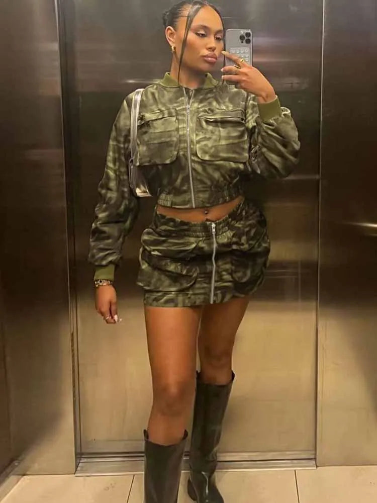 BKQU Camouflage Patchwork 2 Piece Set Women Cargo Large Pocket Zip Crop Jackets And Mini Skirt Suits Punk Hipster Y2K Streetwear