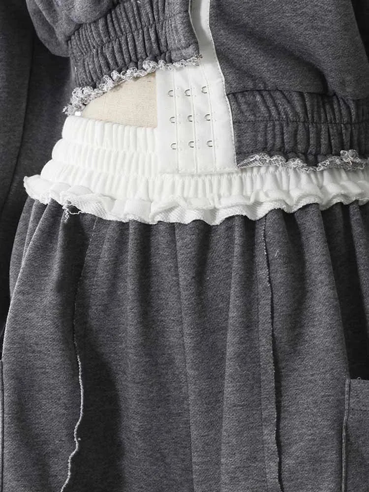 BKQU Hoodies Tracksuit Women Pant Sets Contrast Color Long Sleeve Sweatshirt Coat High Waist Pockets Wide Leg Pants 2 Pieces Set