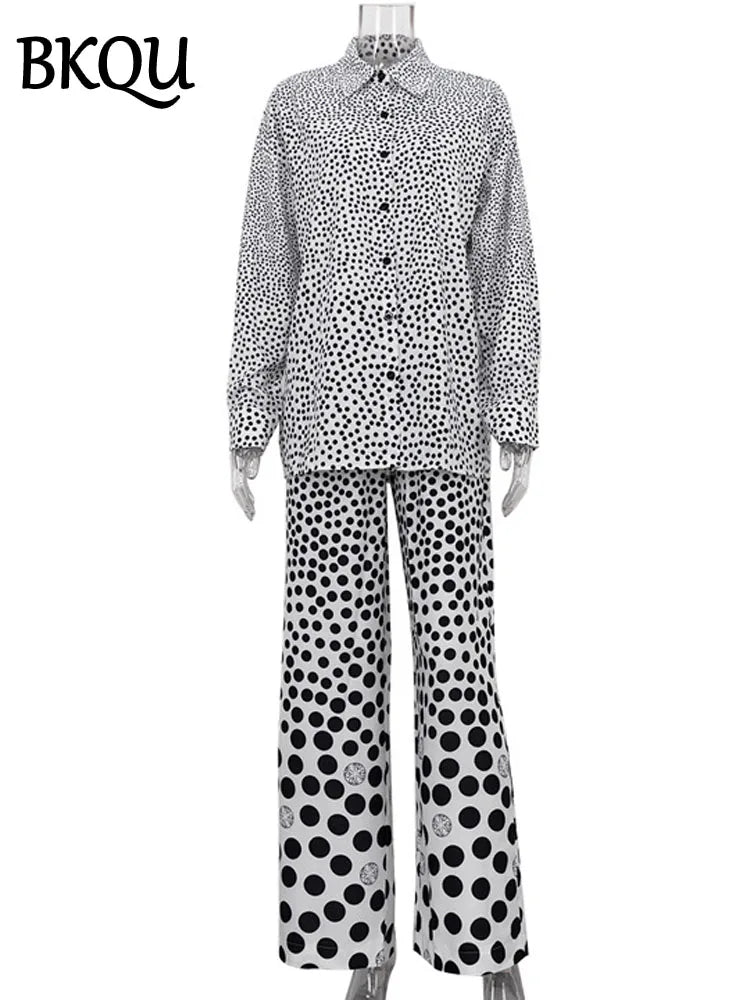 BKQU Casual Loose Print 2 Piece Sets Women Long Sleeve Button Shirts And High Waist Wide Leg Pants Matching Suit Chic Streetwear