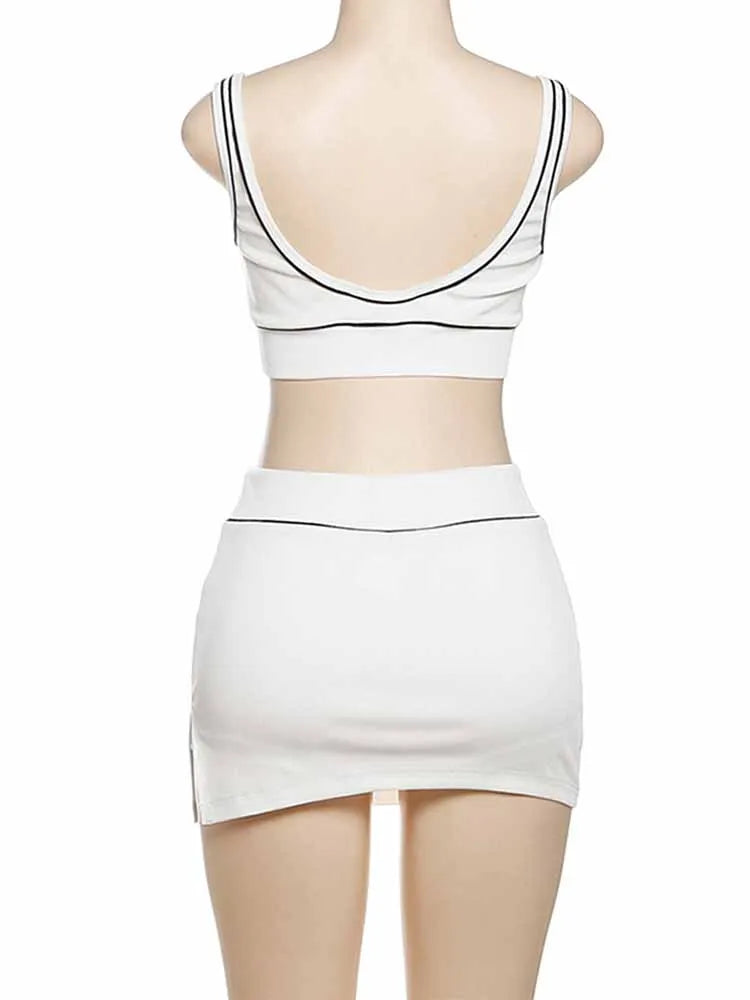 BKQU Stripe Women Casual 2 Piece Sets Ribbed Sports Backless Tank Top+High Waist Split Mini Skirt Outfits 2025 Summer Tracksuits