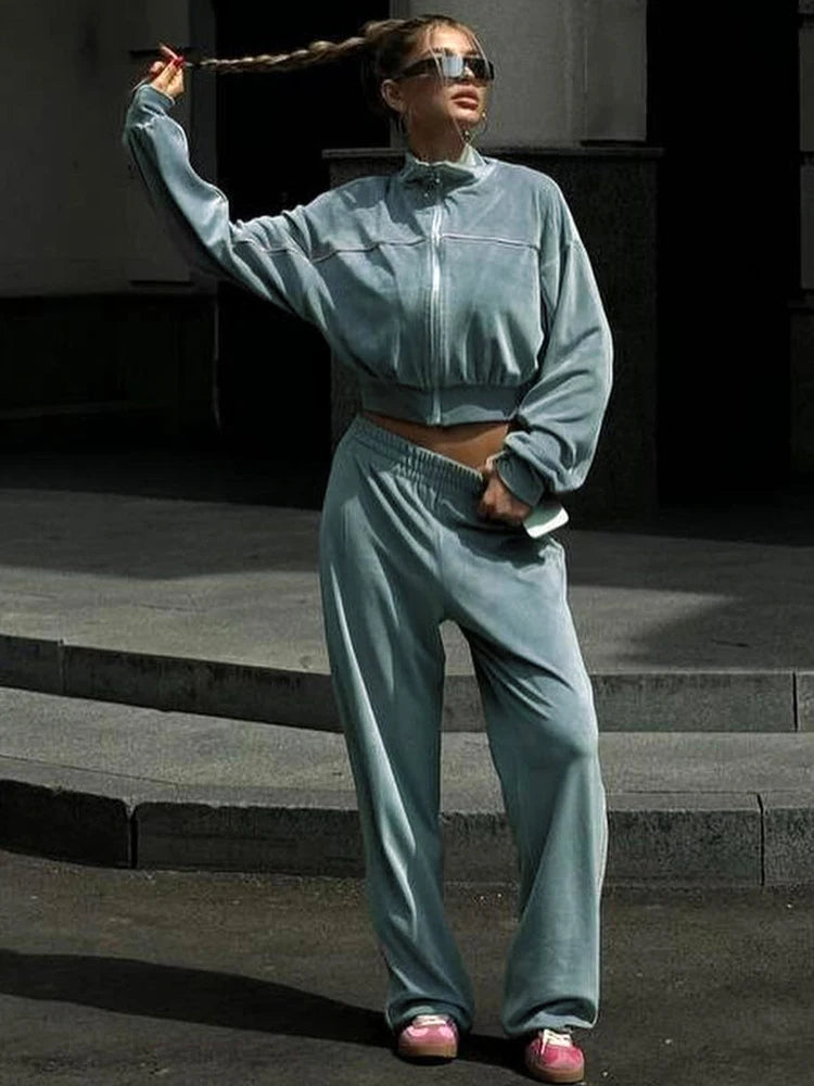 BKQU Solid Velvet Pants 2 Piece Set Women Outfits Casual Zip Up Turtleneck Sweatshirts Elastic Waist Straight Pants Matching Set