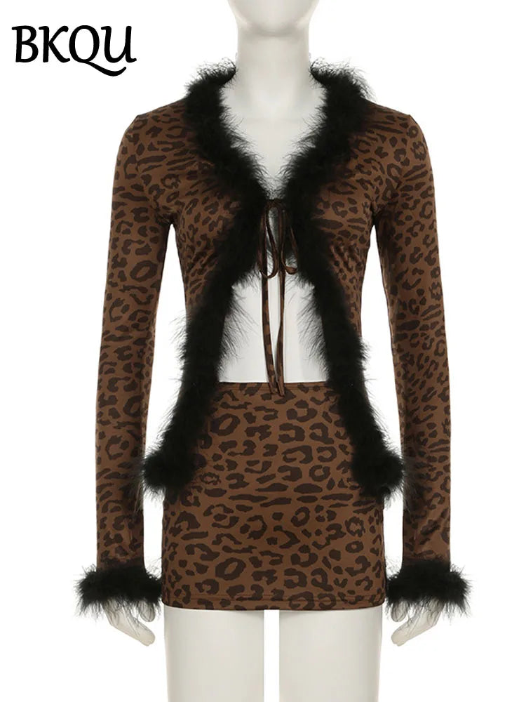 BKQU Leopard Print Sexy Lace Up Cardigan Mini Skirts 2 Piece Set Women Feather Patchwork Tops Bodycon Skirts y2k Party Clubwear