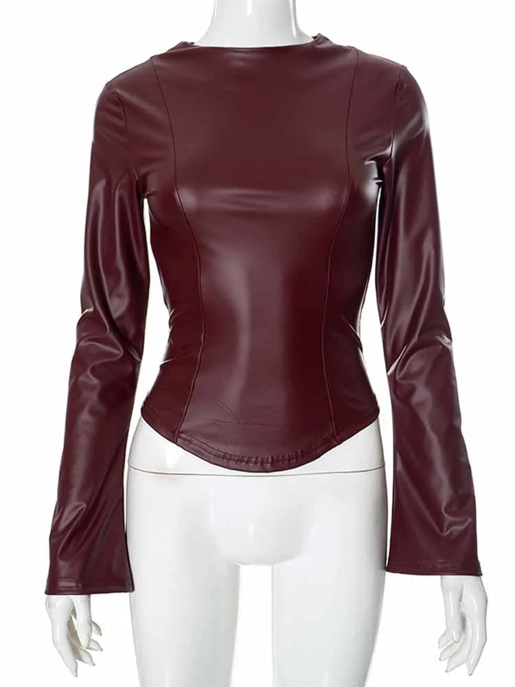 BKQU Wine Red Faux Leather T-Shirts Women 2025 Spring Long Sleeve O-neck Slim Crop Tops Zipper Patchwork Tees Fashion Streetwear