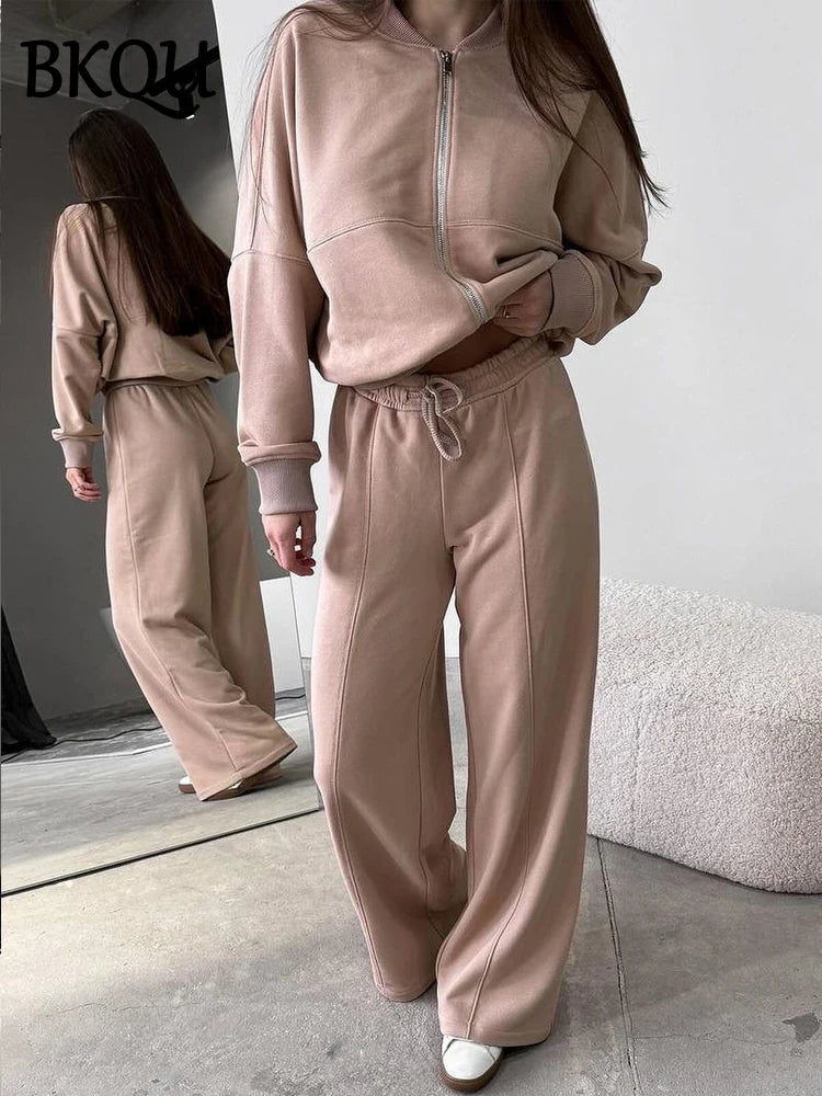 BKQU Bomber Jacket Pants Women Two Pieces Set Casual Long Sleeve Zipper Sweatshirt+Lace-up Trousers Suit Chic Autumn Sportwear