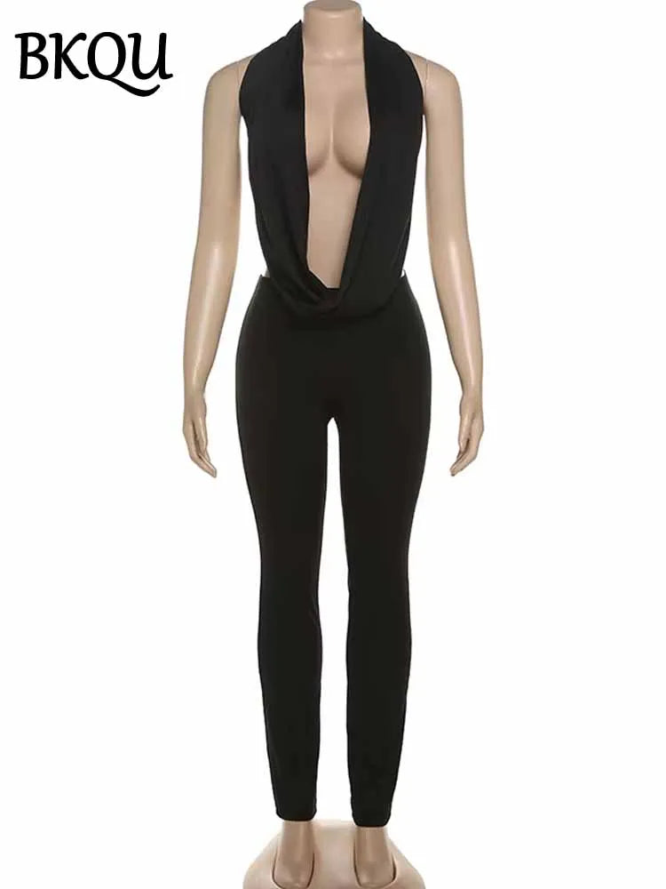 BKQU Sexy 2 Piece Sets Women Swinging Collar Halter Backless Tanks Top High Waist Leggings Midnight Club Elegant Street Outfits