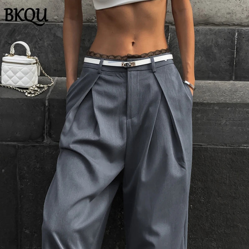 BKQU Gray Baggy Suit Pants Woman Lace Patchwork Korean Fashion Office Ladies Wide Leg Trousers 2024 Streetwear Oversized Slacks