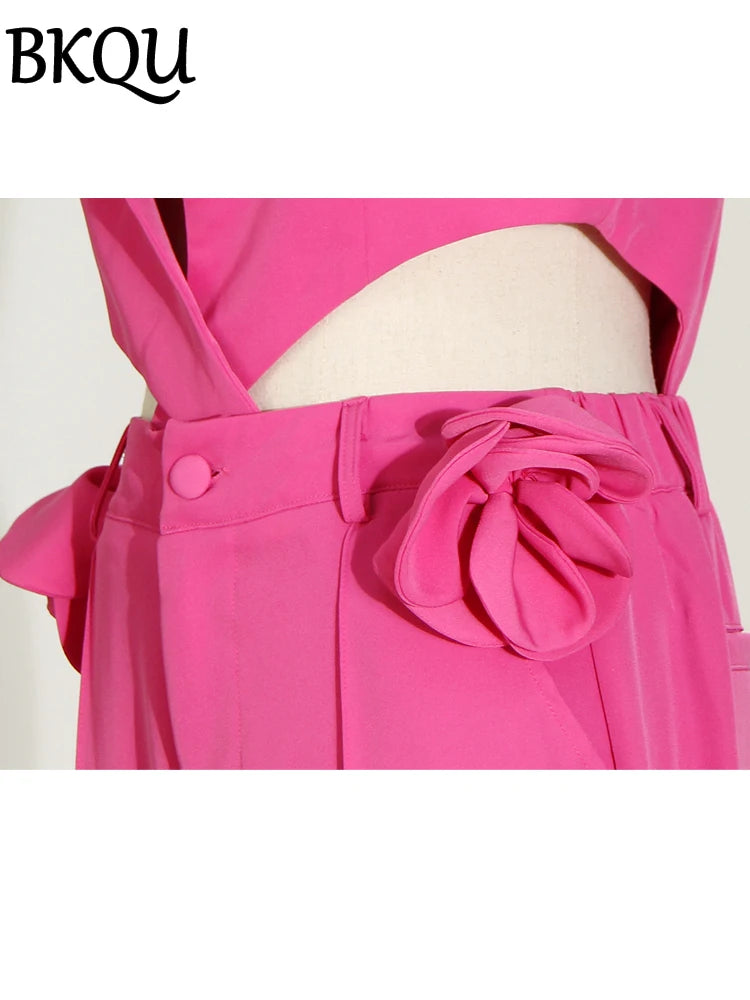 BKQU Trendy Pants Two Pieces Set Women 3D Floral Sexy Hollow Out Vest High Waist Flare Trousers Sets Elegant Lady Party Outfits