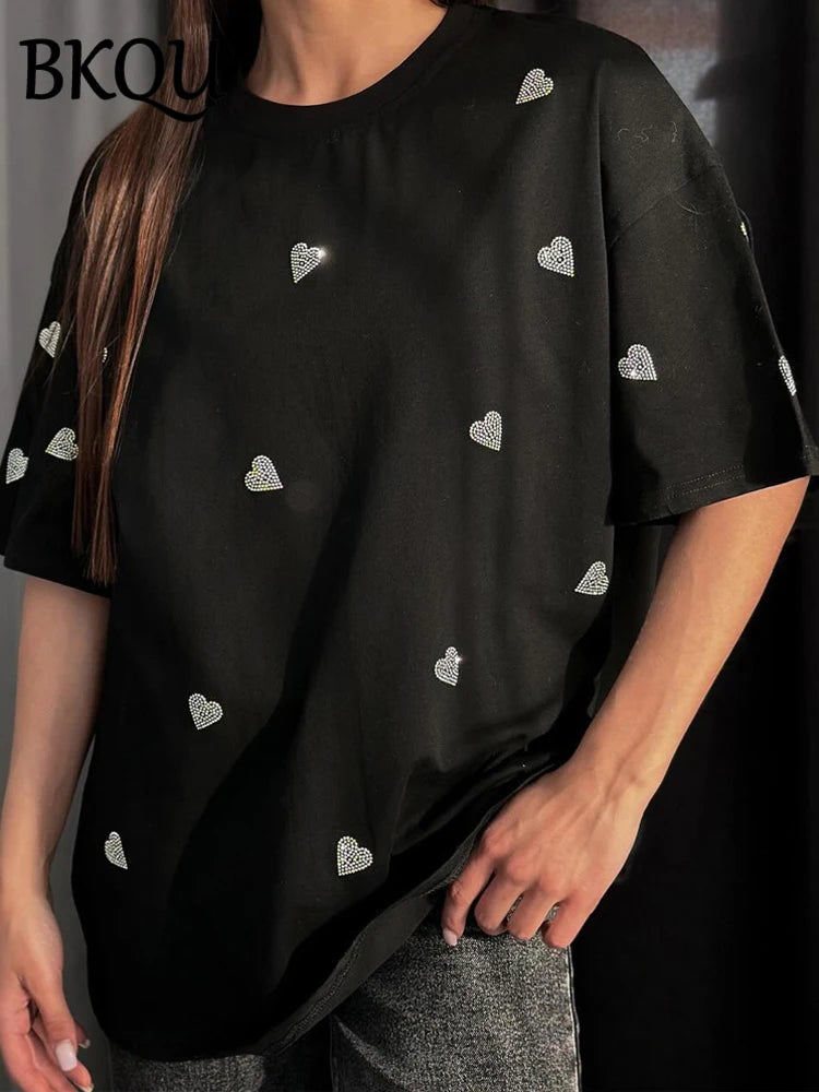 BKQU Love Embroidery T-shirt Women Casual Loose Short Sleeve Heart Graphic Couples Tees Shirt Oversized Summer Retro Streetwear