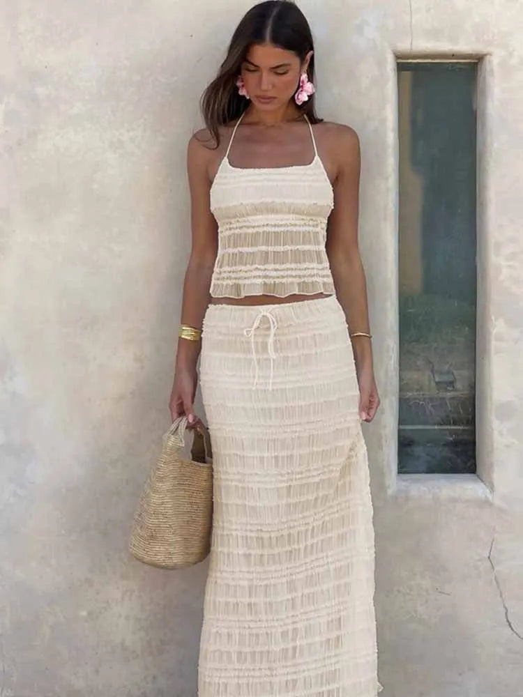 BKQU Ruched Sexy Backless 2 Pieces Beach Holiday Outfits Women Halter Lace-Up Crop Tops Elegant Long Skirts Matching Set 2025