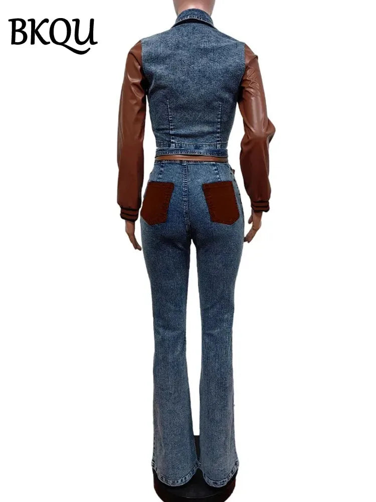 BKQU Leather Patchwork Stretch Denim Jacket Pants 2 Piece Set Women Trendy Buttons Crop Top High Waist Flare Jeans Suits 2025