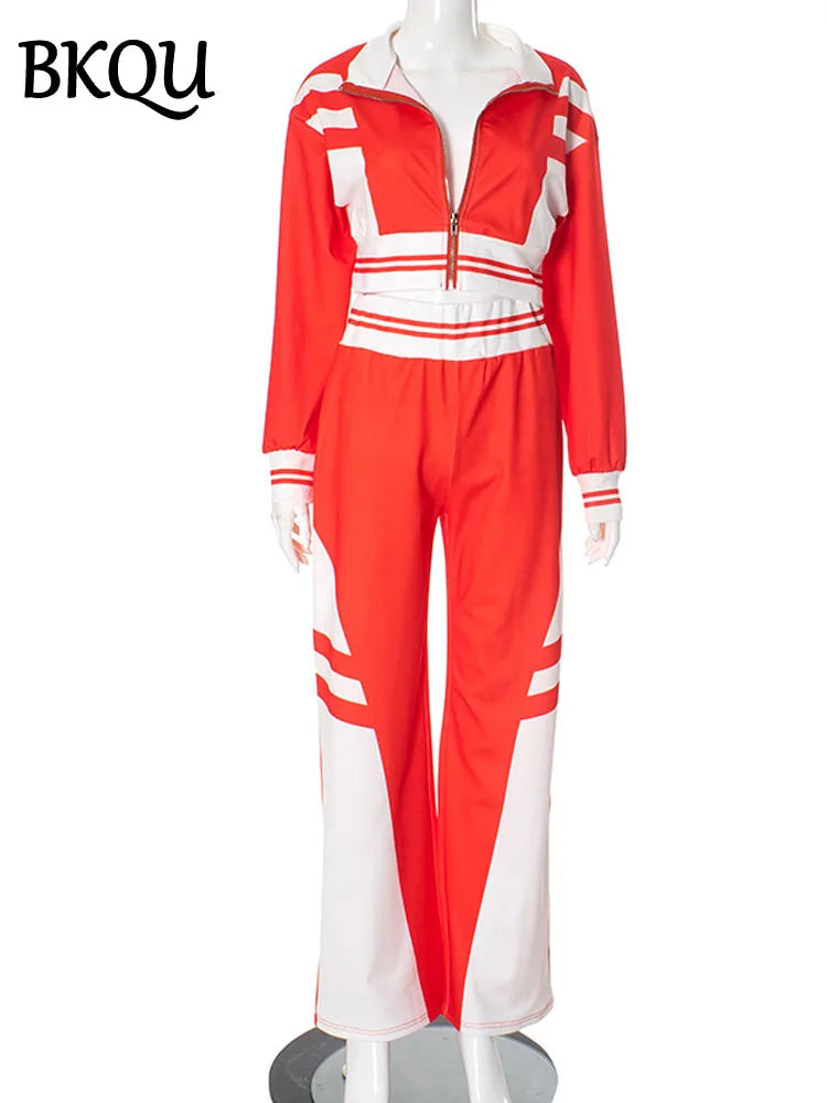 BKQU Zipper Sweatshirt Pants 2 Piece Set Women Contrast Patchwork Long Sleeve Crop Jacket Wide Leg Jogging Pant Casual Tracksuit